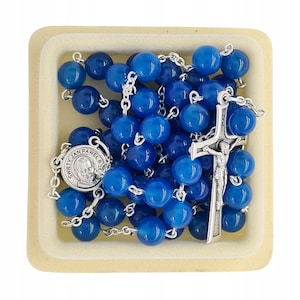 Handmade Blue Agate rosary with medal st. John Paul II