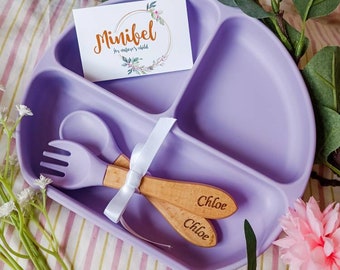 Personalised Baby Feeding Weaning Set Divider Silicone Suction Plate with Engraved Fork and Spoon Gift