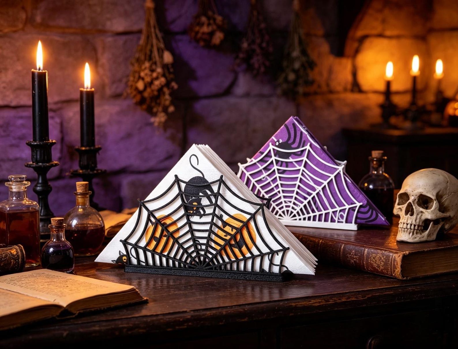A Spiderweb Stand for Spare Napkins Triangular spiderweb napkin holder with folded paper napkins on a Halloween table.