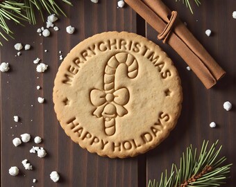 Candy Cane Christmas Cookie Stamp | Happy Holidays Fondant Embosser | Xmas Baking Tool for Holiday Cookies