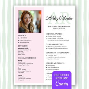 Editable Preppy Pink Green Sorority Resume Template with photo, Sorority Recruitment Cover Letter, Cute Greek Life Rush Sorority Resume