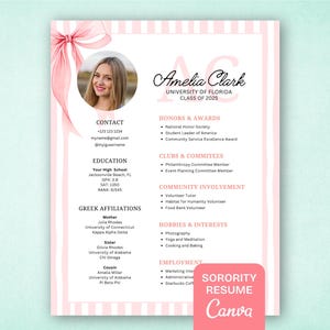 Sorority resume template pink stripe, Preppy Sorority Resume with photo, Sorority Recruitment Cover Letter, Editable Rush Sorority Packet