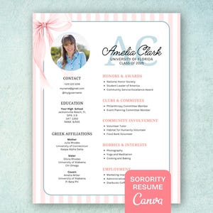 Sorority resume template pink stripe, Preppy Sorority Resume with photo, Sorority Recruitment Cover Letter, Editable Rush Sorority Packet