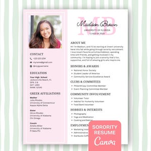 Pink Sorority Rush Resume with Photo, Preppy Sorority Resume, Sorority Recruitment Cover Letter, Sage Stripe Social Resume Template