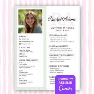Sorority Resume Template Green with photo, Editable Preppy Sorority Resume Template, Sorority Recruitment Cover Letter, Editable Rush Packet