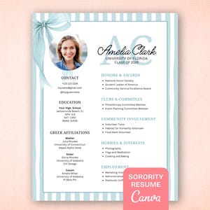 Sorority resume template green stripe, Preppy Sorority Resume with photo, Sorority Recruitment Cover Letter, Editable Rush Sorority Packet
