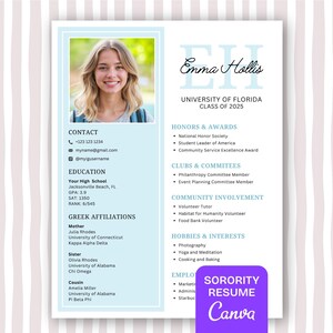 Light Blue Sorority Resume Template with photo, Preppy Sorority Resume Template, Sorority Recruitment Cover Letter, Editable Rush Packet