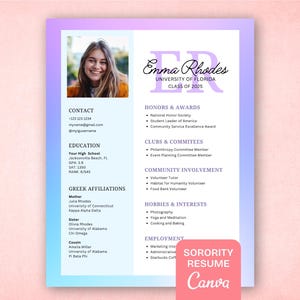 Pink Sorority Rush Resume with Photo, Preppy Sorority Resume, Sorority Recruitment Cover Letter, Bold Gradient Social Resume Template