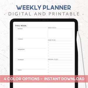 Undated weekly digital planner, Weekly planner printable, Week at a glance pdf, Minimalist weekly planner, Planner for ipad goodnotes, pdf