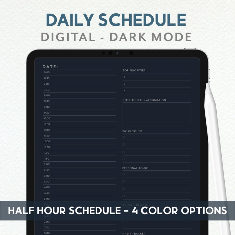 Daily Schedule Planner, Dark Mode Digital Planner, Daily Digital