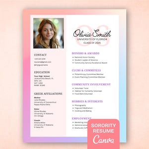 Pink Sorority Rush Resume with Photo, Preppy Sorority Resume, Sorority Recruitment Cover Letter, Gradient Background Social Resume Template