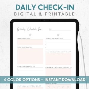 Daily check in journal, Daily gratitude journal printable, Daily reflection planner, Check in template, Digital diary, self care Planner