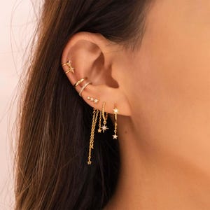 Meteor Earrings Set, 5 Pieces Ear Stacks, Zircon stud earring, Tassel Hoop Earrings and ear cuff, Gold and Silver