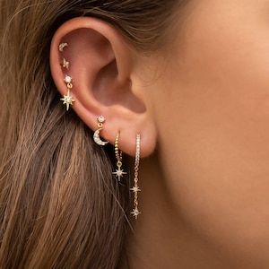 Zircon Star Crescent Earring Set, 6 Pieces Ear Stacks, Gold and Silver