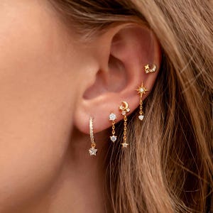 Parure de boucles d'oreilles en forme de croissant d'étoile, 5 boucles d'oreilles superposées, boucles d'oreilles à pampilles, or