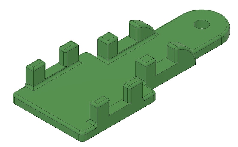 May include: A green plastic 3D printed part with multiple slots and a hole on the top. The part is designed to hold multiple items.