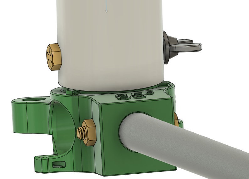 May include: A green metal pipe clamp with a white cylinder attached to it. The cylinder has a gold-colored cap and a black knob with a wing nut. The clamp is attached to a gray pipe.