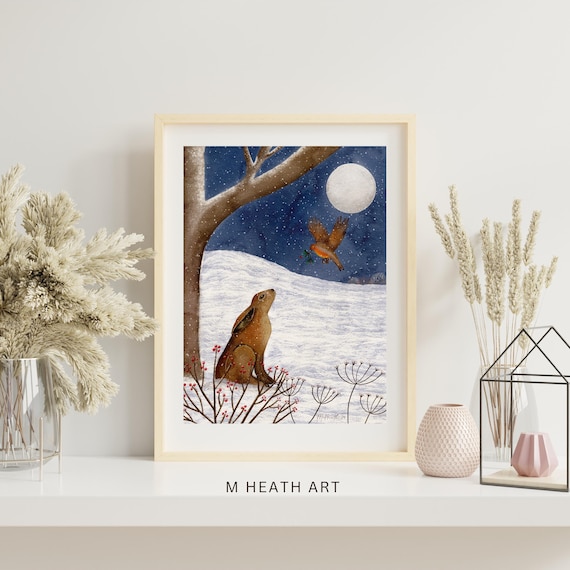 Hare and robin in snow ,snow scene, fine art giclee print,  winter snow scene painting,bird lovers gift, dreamy, winter art Christmas