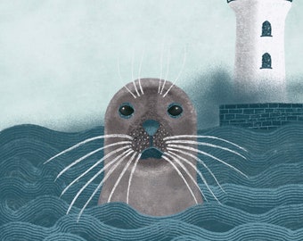 Seal lighthouse - Naive art, landscape, illustration ,nature print,  seascape, print, art, calming art -  signed print