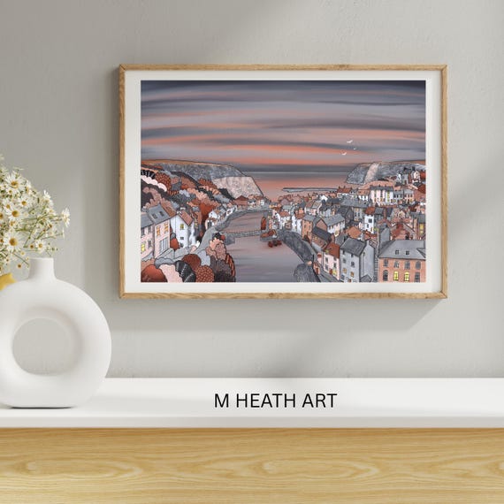 Staithes Art Print Hand, Coast England,hand embellished print, Rooftop houses,Fishing village, View of Staithes,whitby,giclee print calm art