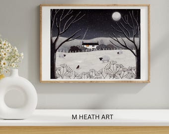 The gamekeepers cottage,blackbird,winter art,home decor wall art snow scene, Giclee Art print signed by artist.Home Gift. Sheep, countryside