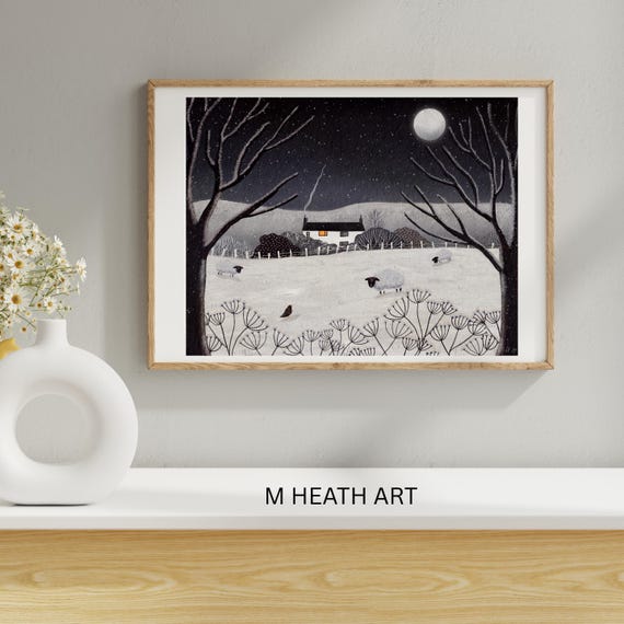 The gamekeepers cottage,blackbird,winter art,home decor wall art snow scene, Giclee Art print signed by artist.Home Gift. Sheep, countryside