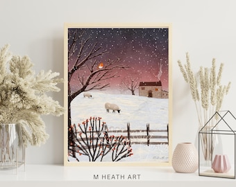 Watching the flock | signed giclee art print | sheep lover | robin cottagecore | perfect farmer gift | new home | nightscape