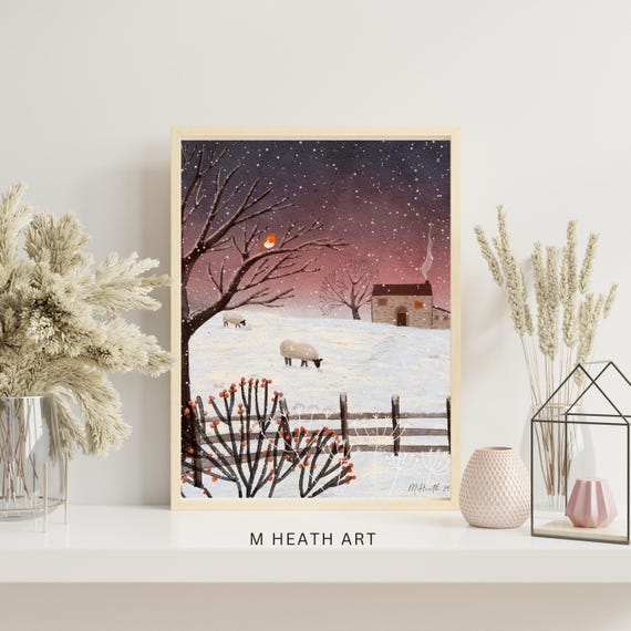 Watching the flock | signed giclee art print | sheep lover | robin cottagecore | perfect farmer gift | new home | nightscape