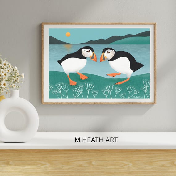 Puffin couple wall Art | modern nature giclee | illustration | seabird coastal print | bird lovers gift