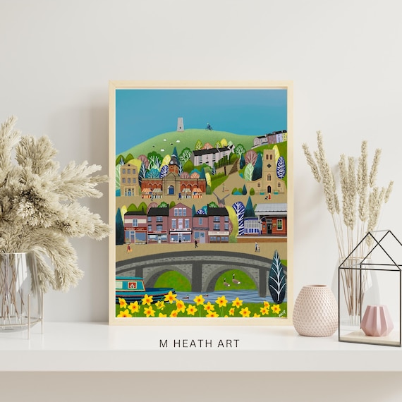 Stalybridge historic buildings, personalised print, tameside landscape, map, wall art, fine art print, Cheshire, Manchester, signed print