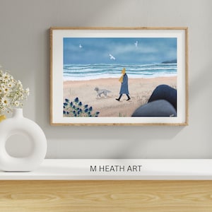 A walk on the Beach  ,coastal, seascape art, home decor, wall art, fine art print, dog walk scene, signed by artist, gift for friend, giclee