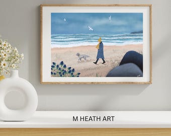 A walk on the Beach  ,coastal, seascape art, home decor, wall art, fine art print, dog walk scene, signed by artist, gift for friend, giclee