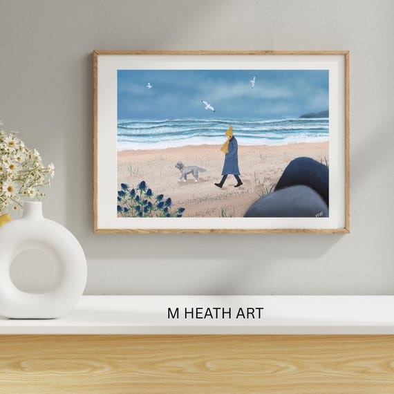 A walk on the Beach  ,coastal, seascape art, home decor, wall art, fine art print, dog walk scene, signed by artist, gift for friend, giclee