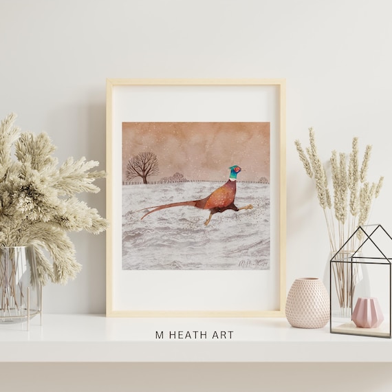 Pheasant in winter ,snow scene, fine art giclee print,  watercolour painting,bird lovers gift, winter art Christmas