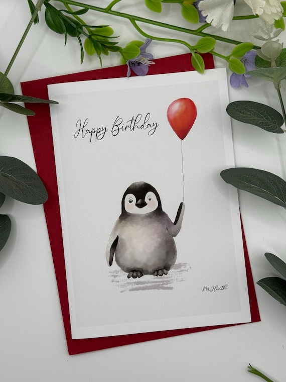 Happy birthday | birthday card| penguin card | Cute card | birthday wishes| card for him | card for her | children’s card |penguin balloon