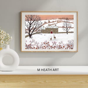 Winter landscape art with Snow deer, sheep, blackbird, home decor, wall art, print, snow scene, folk art,naive art - signed print