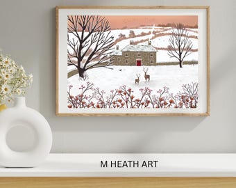 Winter landscape art with Snow deer, sheep, blackbird, home decor, wall art, print, snow scene, folk art,naive art - signed print