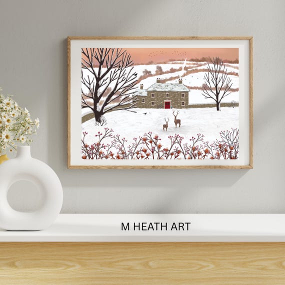 Winter landscape art with Snow deer, sheep, blackbird, home decor, wall art, print, snow scene, folk art,naive art - signed print