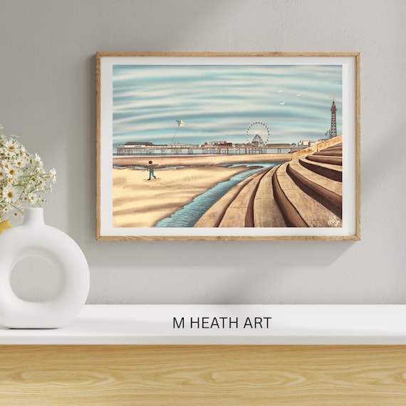 Blackpool Art Print, Coast England,hand embellished print, Seaside wall art, Blackpool tower, promenade fine art, giclee print, Beach art