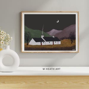 Scottish art, blackrock cottage, night landscape, illustration ,home decor, wall art, print,folk art,naive art - signed print
