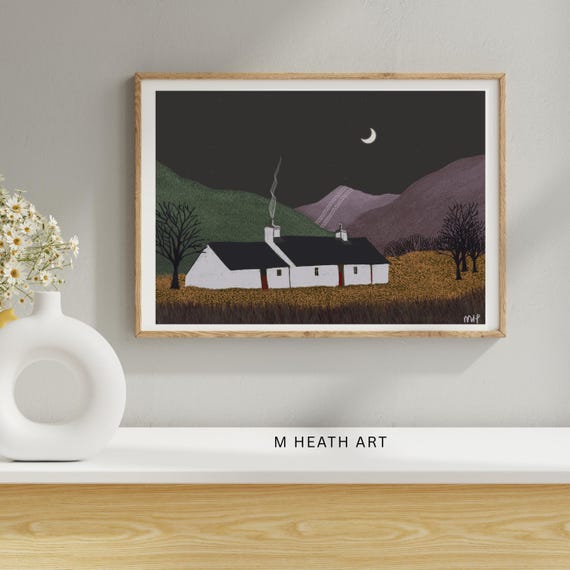 Scottish art, blackrock cottage, night landscape, illustration ,home decor, wall art, print,folk art,naive art - signed print