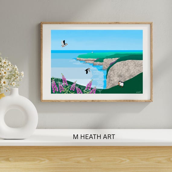 Puffin Wall Art | Yorkshire coast print inspired by Bempton Cliffs | Flamborough | illustration | seabird coastal print | bird lovers gift