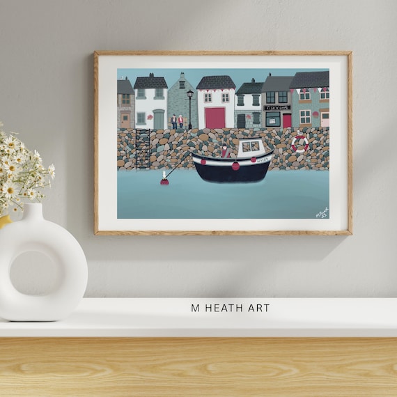 Cornwall inspired art | Cornish coast print | Fishing village | harbour | illustration | seabird coastal print | bird lovers gift