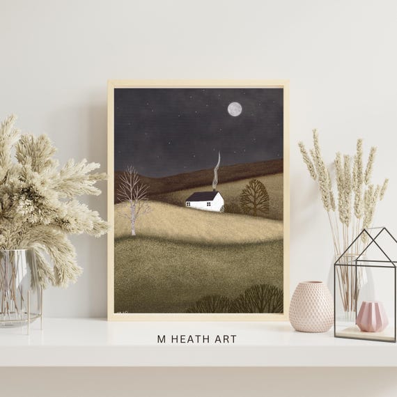 Nightsape art | cottage | night landscape | illustration |home decor | wall art | folk art| calming art - signed print