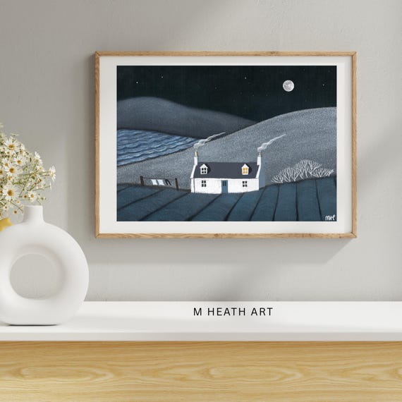 Forgotten Washing - Naive art, cottage, night landscape, illustration , home decor, wall art, folk art, calming art - muted signed print