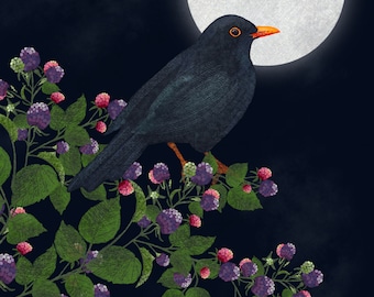 Blackbird - Naive art, moon ,blackberries, night landscape, illustration ,home decor, wall art, print, folk art, calming art -  signed print