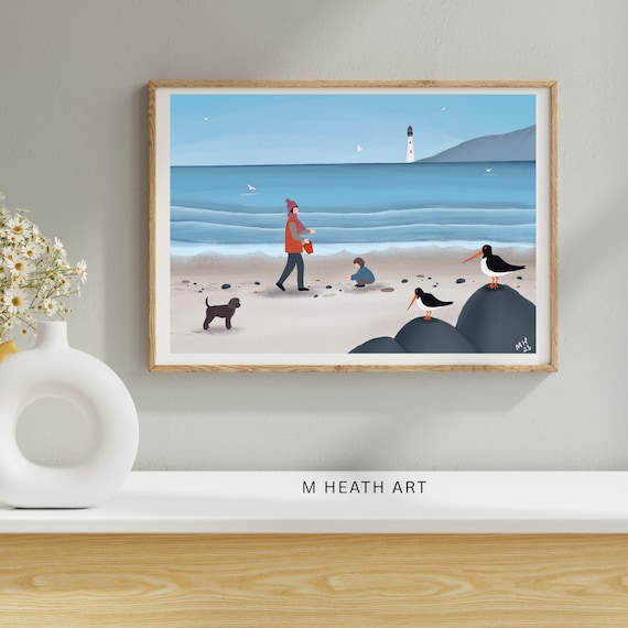 Beachcombing searching for sea glass ,coastal, seascape art, unframed art print, dog lovers, seaside beach seagrass home decor giclee