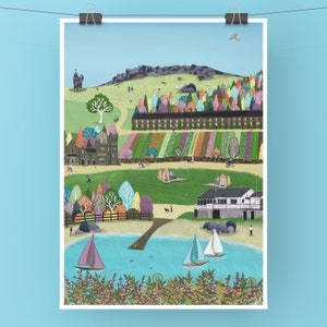 Dovestone Stausee Landschaftsbild, Landschaft Kunst, Wandbild, Fine Art, Oldham, Manchester, Map naive Kunst - signierter Druck