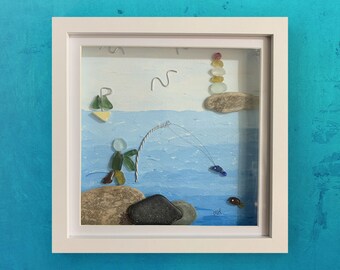 Sea Glass pebble Unique Art Handmade seaglass. Fishing scene, lighthouse. Sea lover. Sea pottery. Framed Glass landscape Art.handmade gift.