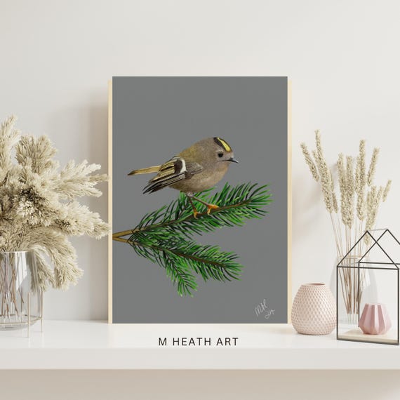Goldcrest art, bird print art, realistic art for bird lovers -  nature lover signed print by ABNA member M Heath